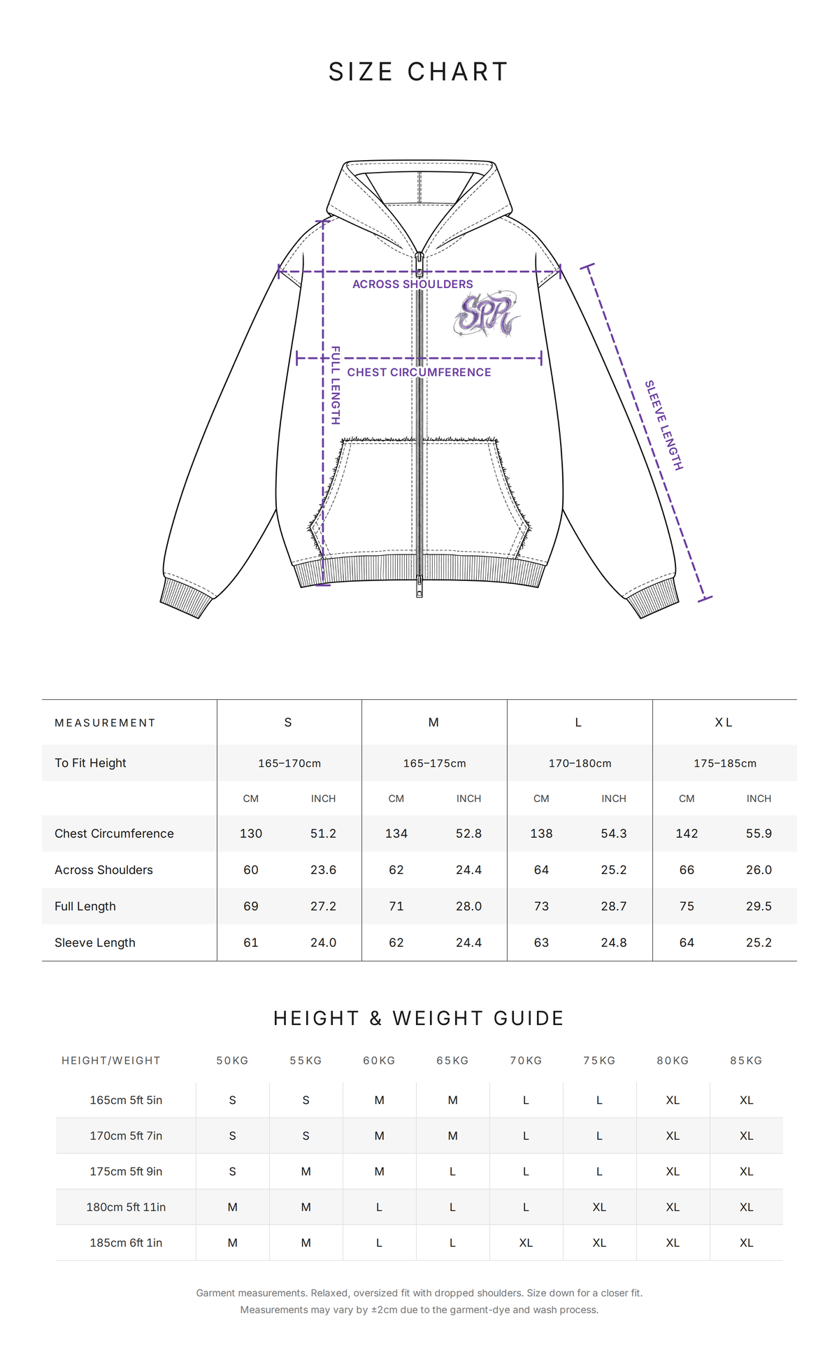 SPR Hoodie size chart